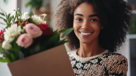 A joyful woman smiles while holding a stunning flower bouquet in a cozy indoor environment. This image captures the essence of beauty and happiness, making it perfect for celebrations or personal moments.の素材