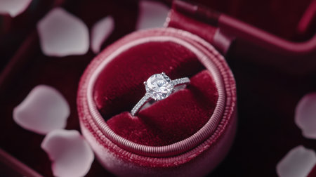 A stunning diamond engagement ring showcased in a red velvet box, surrounded by delicate petals, symbolizing love, romance, and commitment. Perfect for proposals.の素材