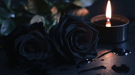 This captivating image features dark black roses beside a flickering candle, enhancing the romantic ambiance with soft light and delicate water droplets.の素材