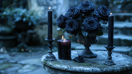 An enchanting arrangement of black roses and dark candles on a stone table, creating a mysterious and gothic atmosphere perfect for decor inspired by elegance and darkness.の素材
