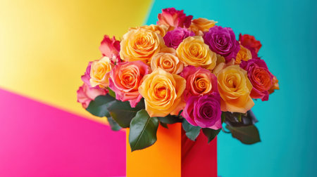 This striking bouquet features fresh roses in vibrant shades of orange, pink, and yellow against a colorful geometric background, perfect for celebrations or home decor.の素材