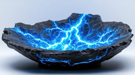 This striking abstract stone bowl features an electric blue lightning effect, creating a dramatic and vibrant focal point. Ideal for modern decor and artistic displays.の素材