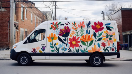 A vibrant white delivery van adorned with a colorful floral mural parked on a city street, showcasing creativity and urban art in a lively environment.の素材