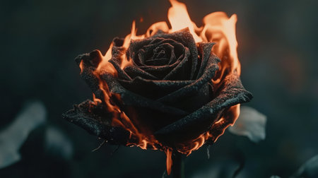 Stunning black rose consumed by vibrant flames, showcasing a captivating contrast between beauty and destruction, perfect for artistic and emotional themes.の素材