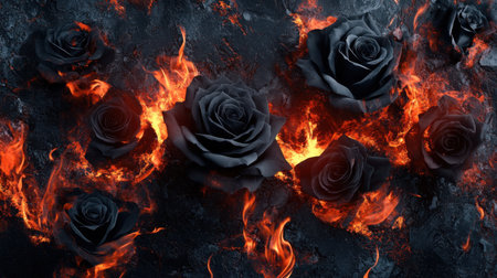 A captivating arrangement of black roses set against a backdrop of flames and charcoal. This image blends beauty and intensity, evoking strong emotions.の素材