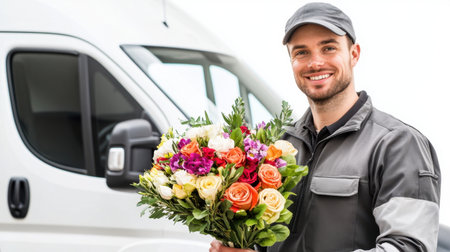 A cheerful delivery person stands proudly with a vibrant bouquet of flowers in front of a delivery van. This image captures the joy of floral delivery and customer service.の素材