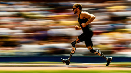 An inspiring image of a disabled athlete running with advanced prosthetic legs, showcasing determination and speed in a competitive environment.の素材