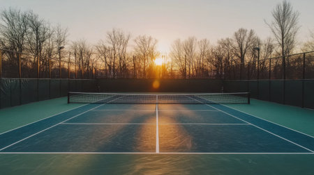 A tranquil tennis court captures the breathtaking beauty of sunset, framed by barren trees. This serene scene invites moments of peace and reflection.の素材