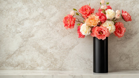 A stunning arrangement of colorful roses in a sleek black vase set against a beautiful marble wall. Ideal for home decor and floral themes.の素材