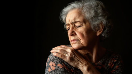 A thoughtful elderly woman with gray hair contemplates life, showcasing deep emotion. The soft light highlights her features, capturing a moment of reflection and serenity.の素材