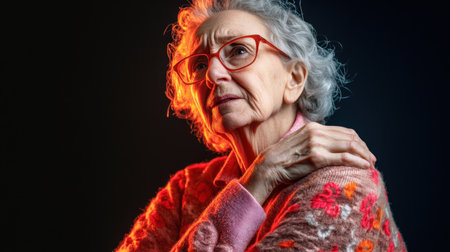 A portrait of an elderly woman in a colorful sweater, reflecting on life with a thoughtful expression. Her silver hair and glasses add to the poignant mood.の素材