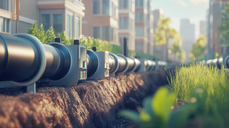 A detailed view of an urban infrastructure scene featuring pipes installed in dug soil, surrounded by greenery and buildings, reflecting modern engineering and environmental considerations.の素材
