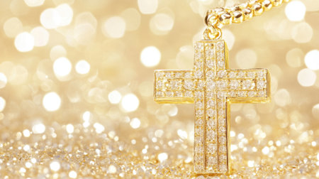 A stunning gold cross pendant adorned with sparkling gemstones, set against a shimmering background, perfect for showcasing faith and elegance in jewelry.の素材