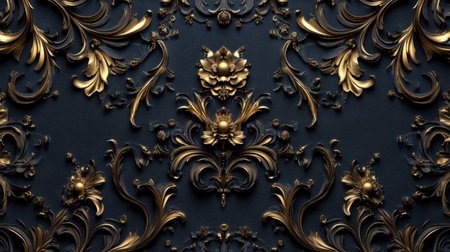 This image showcases ornate gold floral patterns against a dark background, emphasizing intricate design and luxurious aesthetic, ideal for upscale decor themes.の素材