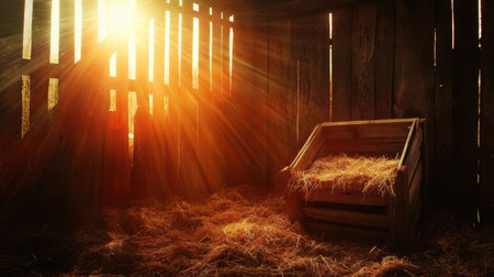 A serene interior view of a rustic barn at sunrise, featuring soft light streaming through wooden slats, illuminating hay scattered on the floor, creating a tranquil atmosphere.の素材
