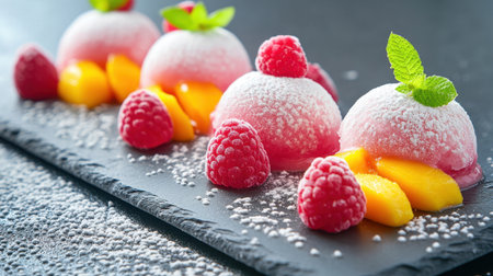 A vibrant dessert display featuring raspberry and mango with a delicate dusting of powdered sugar on a sleek slate surface, ideal for gourmet food photography.の素材