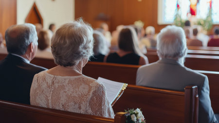 A serene moment captured in a church during a service, showcasing elderly attendees engaged in prayer, embodying faith, community, and introspection.の素材