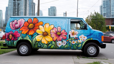 A vibrant blue van adorned with a stunning floral mural stands proudly against a backdrop of modern skyscrapers, showcasing urban creativity and life.の素材