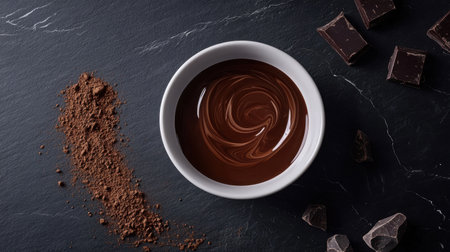 A captivating image of smooth, rich dark chocolate swirled in a white bowl, surrounded by cocoa powder and chocolate pieces on a dark slate surface.の素材