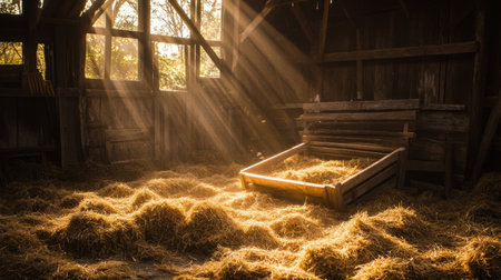 Warm sunlight filters through barn windows, creating a serene atmosphere over the straw bedding. Perfect for agriculture, rustic themes, and country lifestyles.の素材