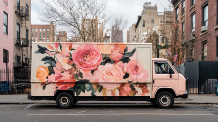 A vintage delivery truck adorned with a colorful flower mural parked in an urban setting, capturing a blend of art and street life, perfect for creative projects.の素材