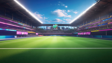 A stunning view of an empty soccer stadium featuring bright green grass and vibrant seating under a clear blue sky, perfect for sports photography or event promotion.の素材