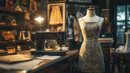 A beautifully styled interior of a tailor shop featuring a vintage sewing machine and a dress on a mannequin. Warm light enhances the creative atmosphere.の素材