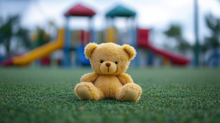 A charming yellow teddy bear sits on lush green grass near colorful playground equipment. This heartwarming image captures the essence of childhood joy and innocence.の素材