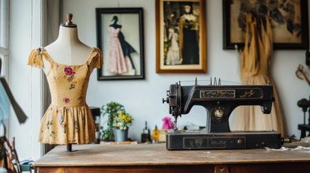 A nostalgic sewing studio featuring a vintage sewing machine, an elegant dress form with floral designs, and artistic decor. Perfect for showcasing craftsmanship.の素材