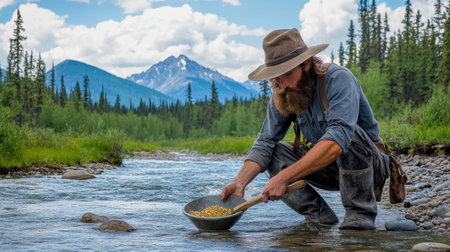 A dedicated prospector kneels by a serene river, panning for gold amidst stunning mountains. This picturesque scene captures nature's beauty and a traditional hobby.の素材