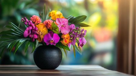 This stunning floral arrangement features vibrant orchids and bright petals in a modern black vase, adding a touch of elegance and color to any interior space.の素材