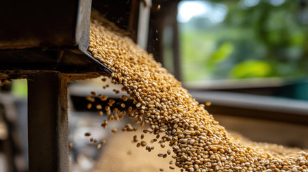 A close-up view of grains flowing out of a traditional grain mill in a natural environment, showcasing agricultural practices and the beauty of harvest processes.の素材