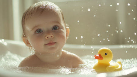 This adorable image captures a baby delightfully enjoying bath time with a yellow rubber duck. The water splashes create a joyful ambiance, showcasing innocence and playfulness.の素材