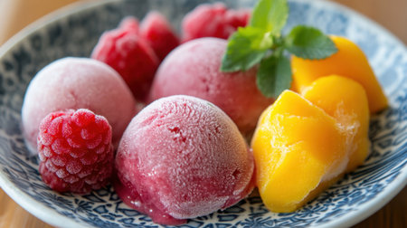 Delight in a colorful bowl of frozen fruit sorbet featuring raspberry and mango, garnished with fresh mint leaves, perfect for a refreshing dessert.の素材