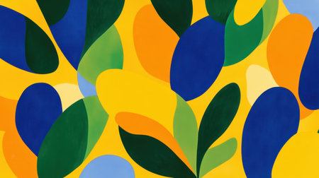 This vibrant abstract artwork features a variety of colorful leaf shapes, set against a bright yellow backdrop. Ideal for modern design projects.の素材