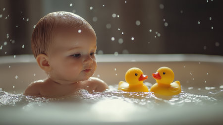 A charming scene featuring a baby in a bathtub surrounded by playful rubber ducks. Water splashes create a joyful atmosphere, highlighting innocence.の素材