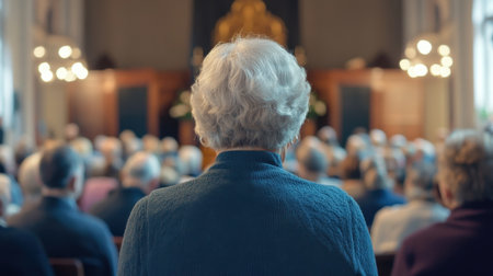 An elderly audience gathered in an elegant hall during a formal event. The back view highlights the sense of community, connection, and shared experience among attendees.の素材