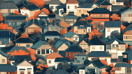 Discover a vibrant autumn neighborhood showcasing traditional Japanese architecture amidst colorful foliage and warm rooftops, creating a serene atmosphere.の素材