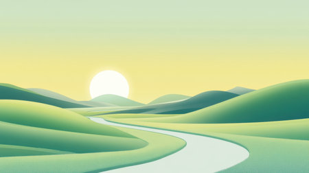 A tranquil illustration depicting rolling hills under a soft sky. A gentle road meanders through a serene landscape, evoking a sense of peace and adventure.の素材