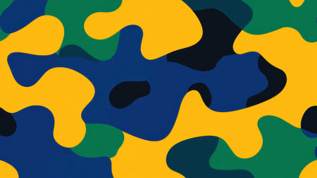 This vibrant abstract camouflage pattern features dynamic shapes in blue, yellow, and green hues. Perfect for backgrounds, textiles, or graphic designs.の素材