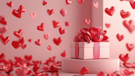 A charming gift box adorned with pink ribbons and surrounded by floating hearts creates a romantic atmosphere perfect for celebrations of love and joy.の素材