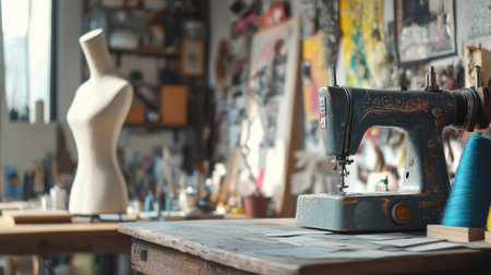 A vintage sewing machine sits on a rustic wooden table in a creative studio, accompanied by a dressmaker's dummy, surrounded by various sewing supplies and artistic decor.の素材