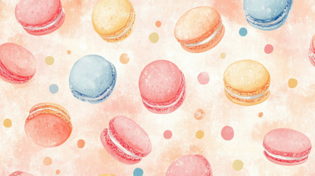 This charming watercolor design features an assortment of colorful macarons against a soft pastel background, ideal for themed events or culinary projects.の素材