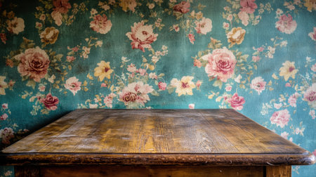 A rustic wooden table stands against a beautifully patterned floral wallpaper, creating a vintage atmosphere perfect for cozy interiors and design inspiration.の素材