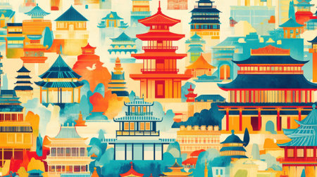 A stunning illustration showcasing a variety of Asian architectural styles, filled with vibrant colors and intricate details. Perfect for creative projects.の素材