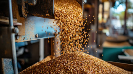 A close-up view of granules flowing from a grinding machine in a food processing facility, showcasing the textures and colors of freshly ground grain.の素材
