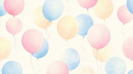 This illustration features soft colored balloons in gentle pastel hues, creating a cheerful and serene background perfect for celebrations, invitations, or decorations.の素材