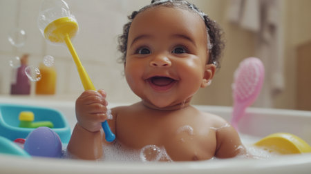 A cheerful baby enjoys bath time in a colorful bathtub filled with bubbles and toys. The joyful expression captures the essence of childhood playfulness and innocence.の素材