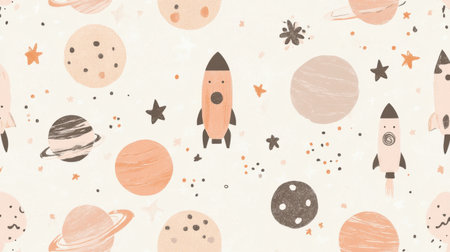 This charming and whimsical illustrated background features playful rockets, planets, and stars, perfect for children's designs and creative projects.の素材