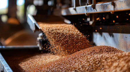 Close-up view of grains flowing from industrial equipment in a processing facility. The image captures the intricate details of grain movement, emphasizing agriculture and production methods.の素材